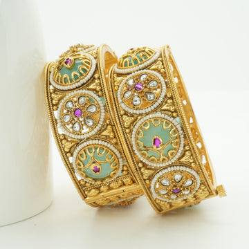 Designer Gold Plated Meenakari Kundan Bangles Pair for Women - Latest Wedding Party Wear Kangan