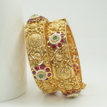 Premium Temple Bangles for Women - Luxury Gold Plated Ruby Pearl Bridal Kangan Pair
