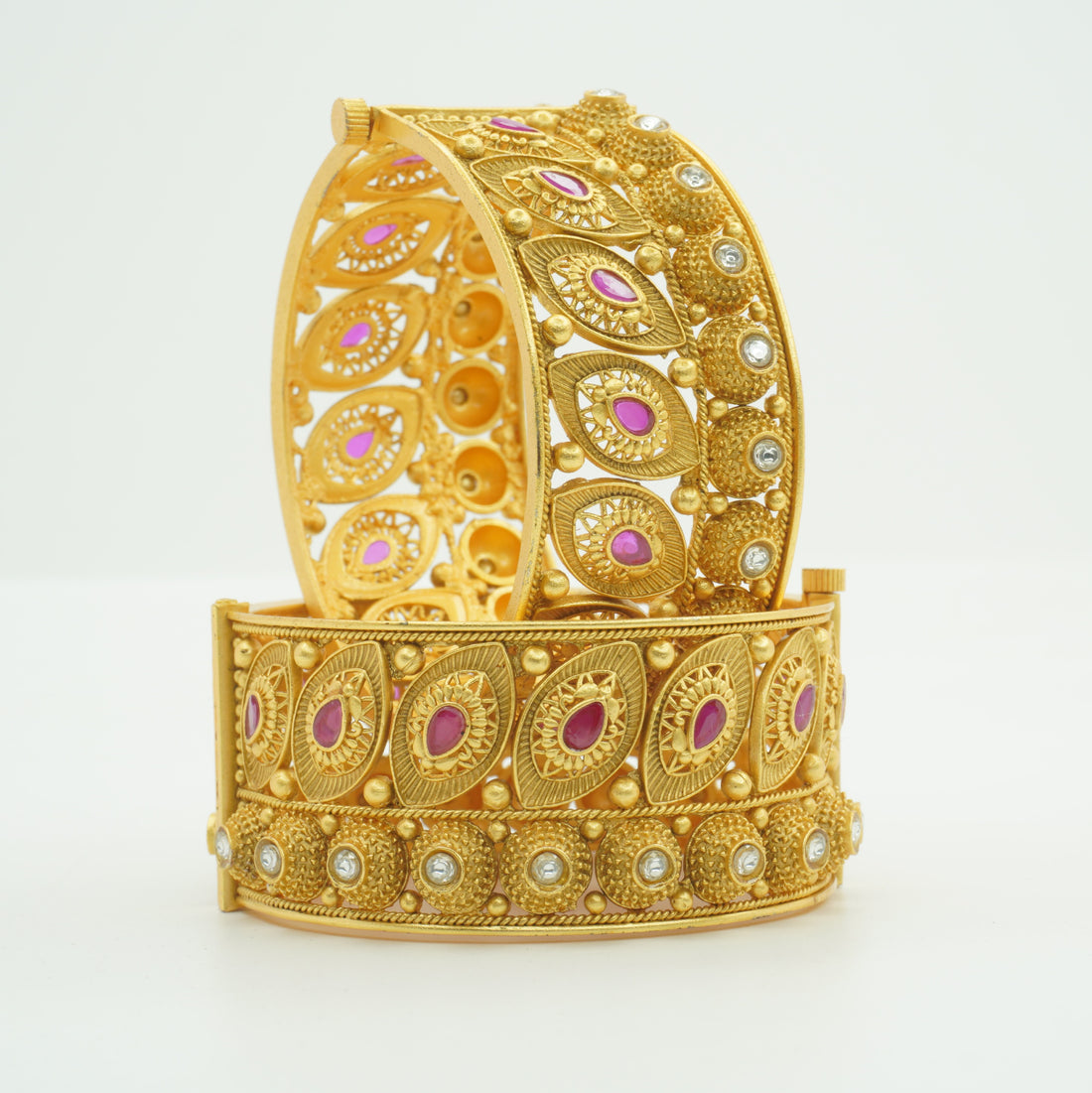 Designer Gold Plated Ruby AD Filigree Openable Kangan Bangles Pair for Women Bridal Wedding Traditional Ethnic Party Wear