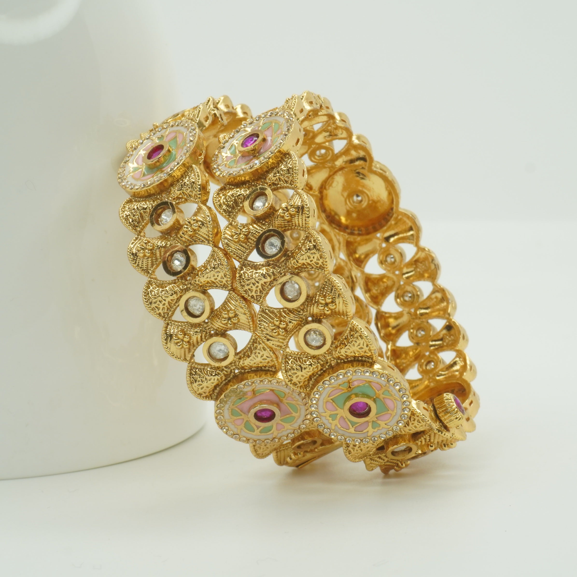 Indian Gold Tone Meenakari Kangan Bangles Pair - Traditional Statement Jewelry for Women