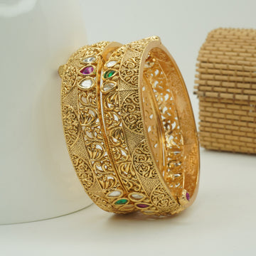 Indian Gold Plated Filigree Kundan Bridal Bangles Pair Traditional Ethnic Wedding Jewelry Gift for Women