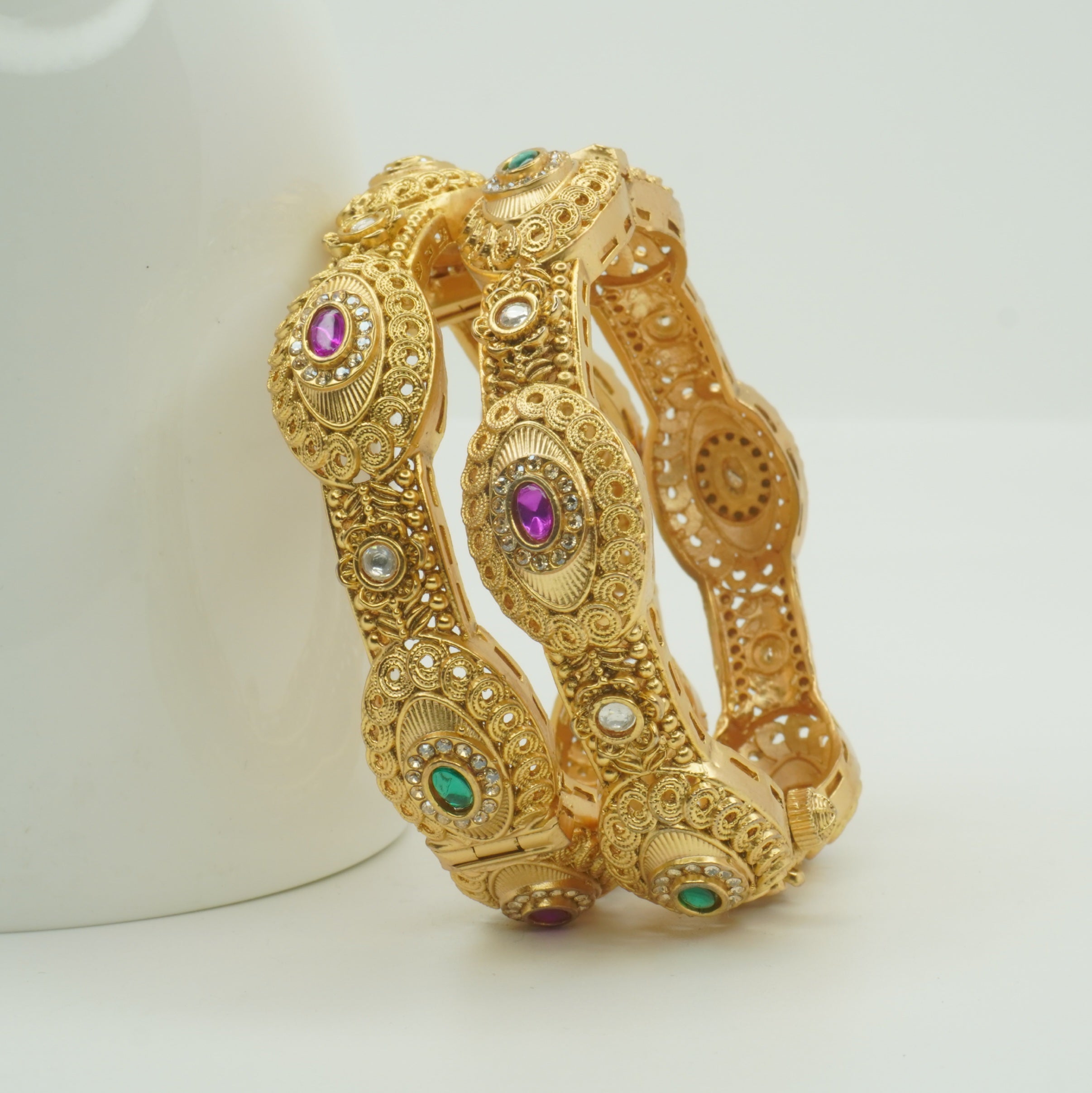 Designer Gold Plated Kundan AD Openable Kangan Pair for Women Traditional Bridal Wedding Bangles