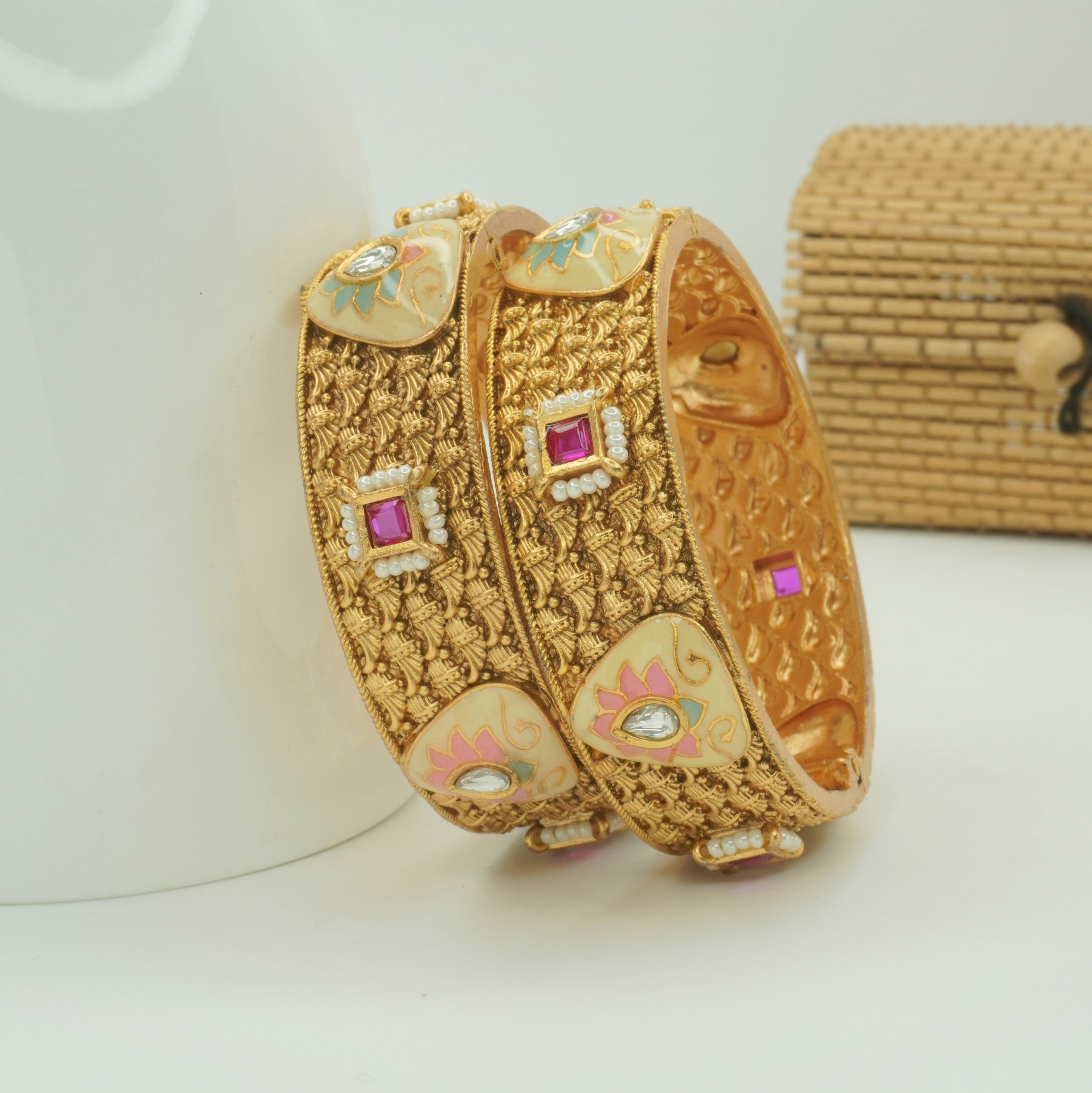 Traditional Bridal Gold Plated Meenakari Ruby Pearl Kangan Bangles Pair for Indian Wedding Jewellery