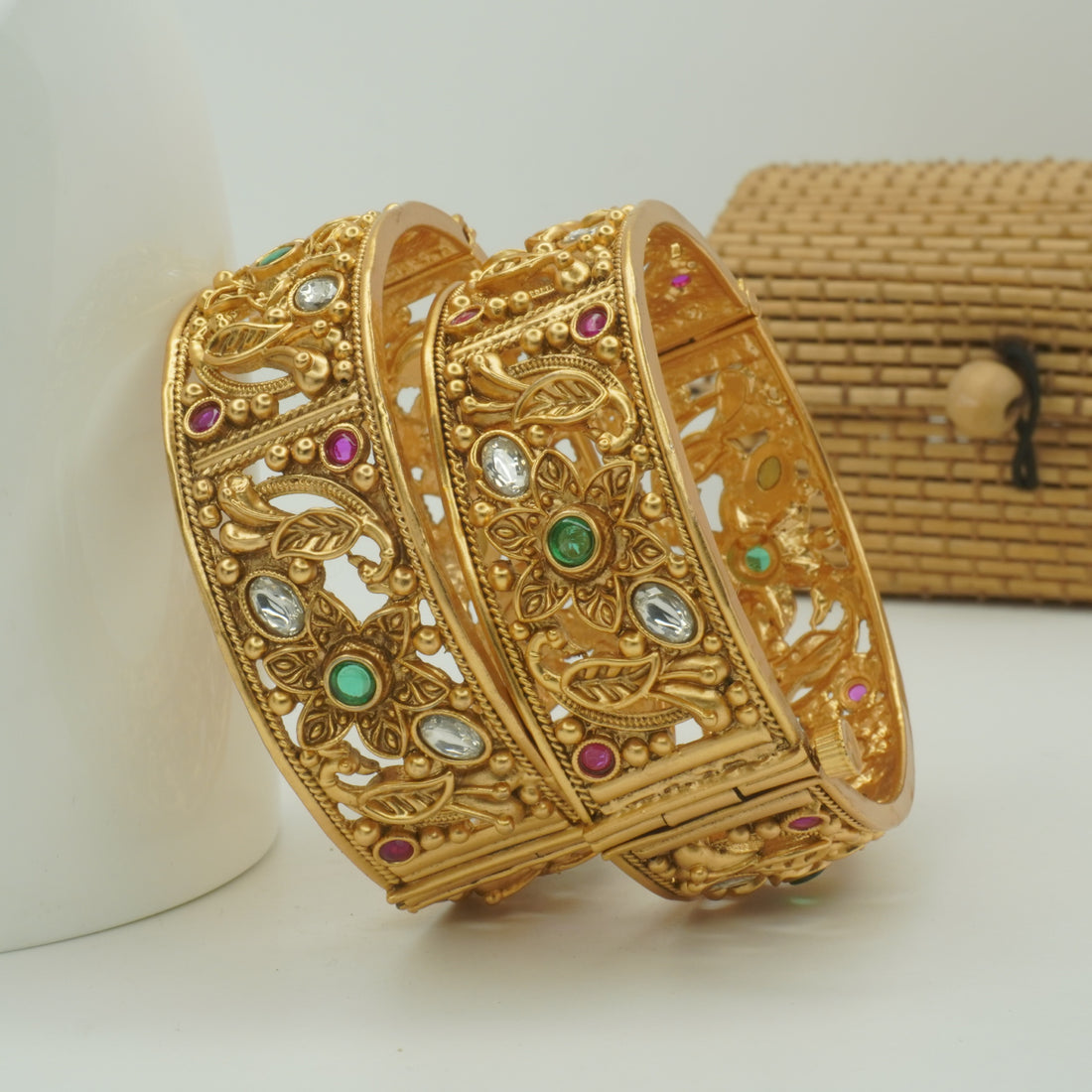 Indian Gold Plated Floral Filigree Bridal Bangles Pair with Ruby Emerald & Crystal Stones for Women