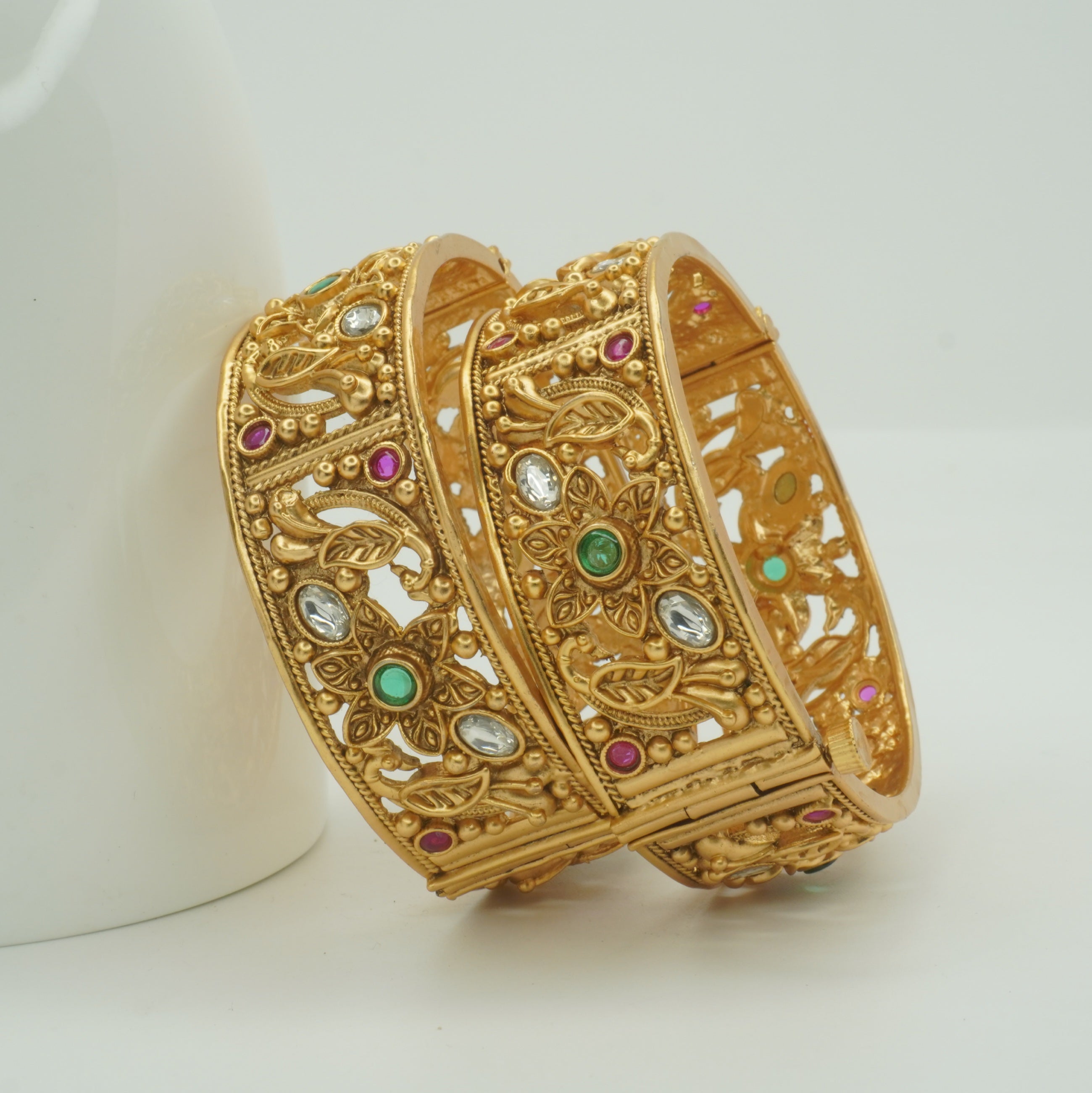 Indian Gold Plated Floral Filigree Bridal Bangles Pair with Ruby Emerald & Crystal Stones for Women
