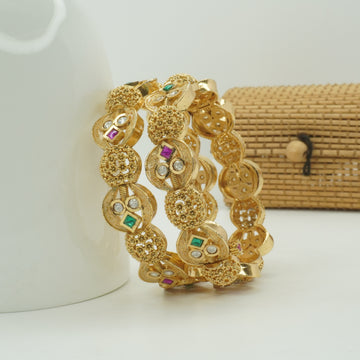 Trending Gold Plated Designer Bangles – Multicolor Stone Traditional Kangan Pair for Women