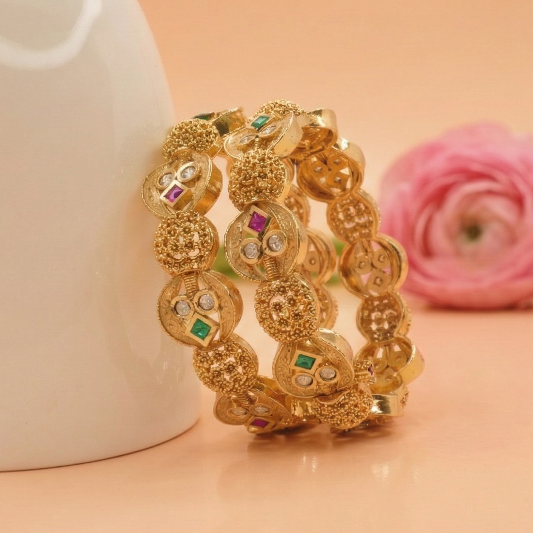Trending Gold Plated Designer Bangles – Multicolor Stone Traditional Kangan Pair for Women