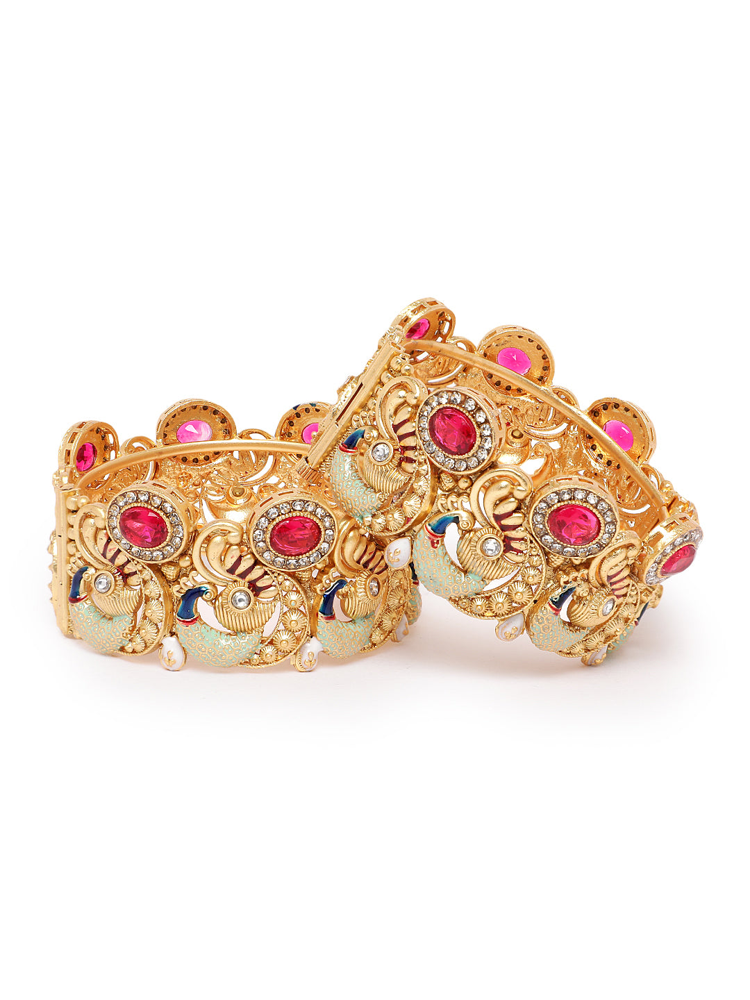 Premium Gold Plated Peacock Kangan Pair with Meenakari & CZ Stones for Women Bridal Wedding Ethnic Bangles