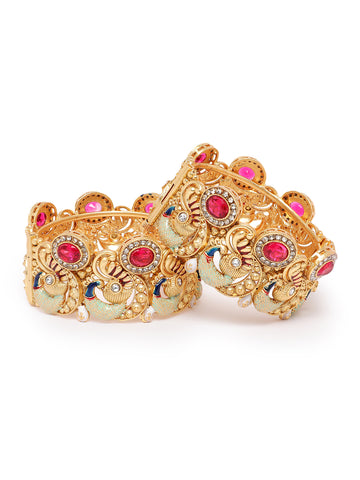 Premium Gold Plated Peacock Kangan Pair with Meenakari & CZ Stones for Women Bridal Wedding Ethnic Bangles