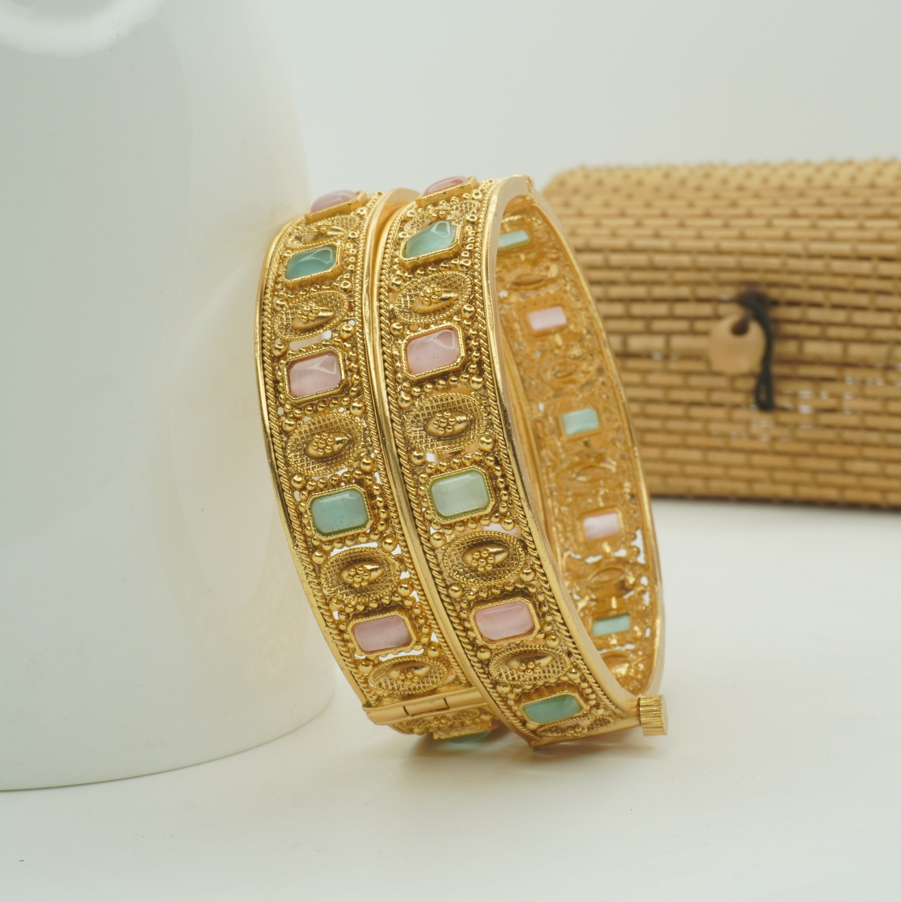 Handcrafted Indian Antique Gold Filigree Hinged Bangle Pair with Pastel Stone Inlay Ethnic Jewelry Gift for Women