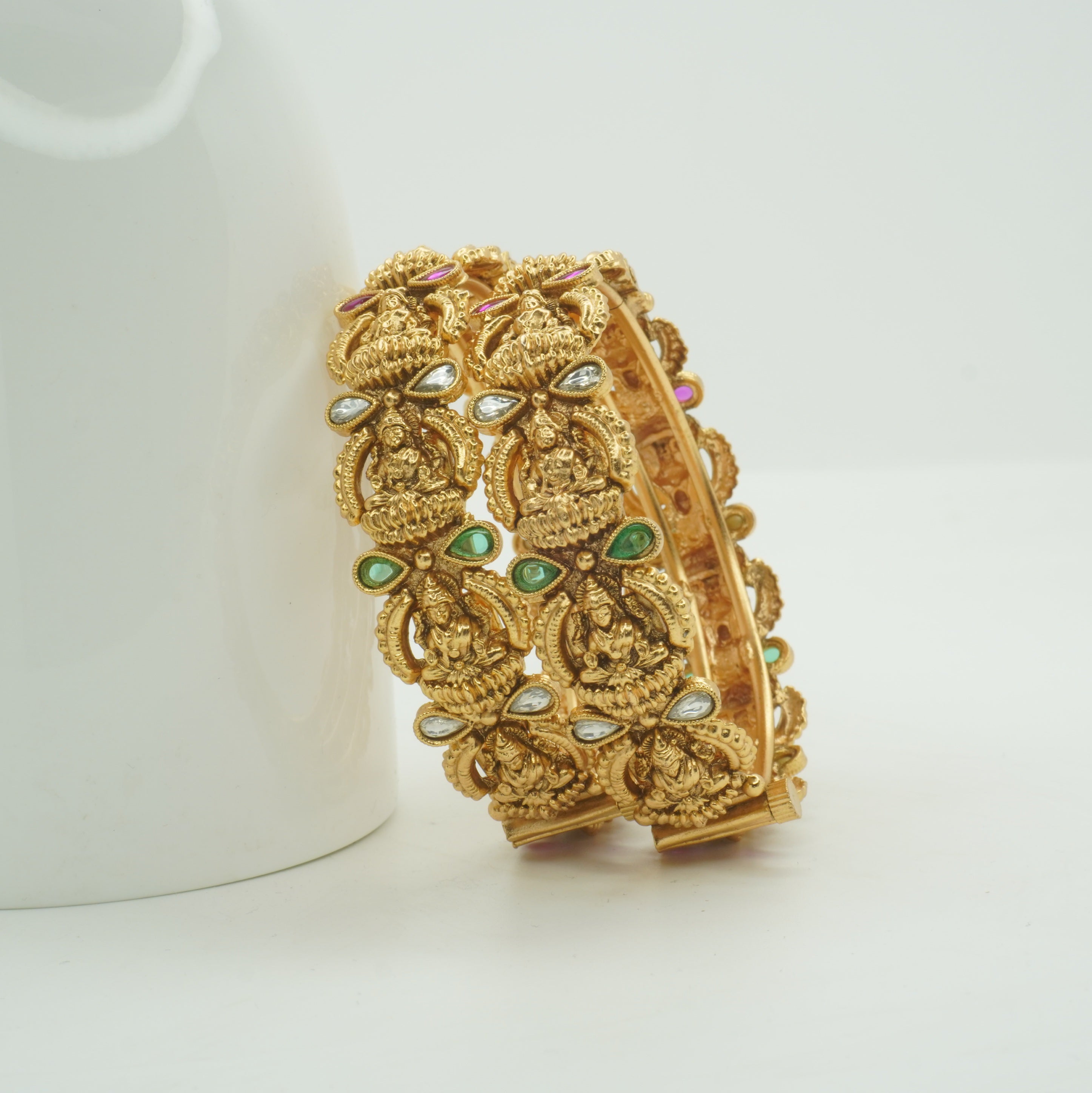 Traditional Lakshmi Temple Bridal Kangan Pair Gold Plated Wedding Bangles for Women