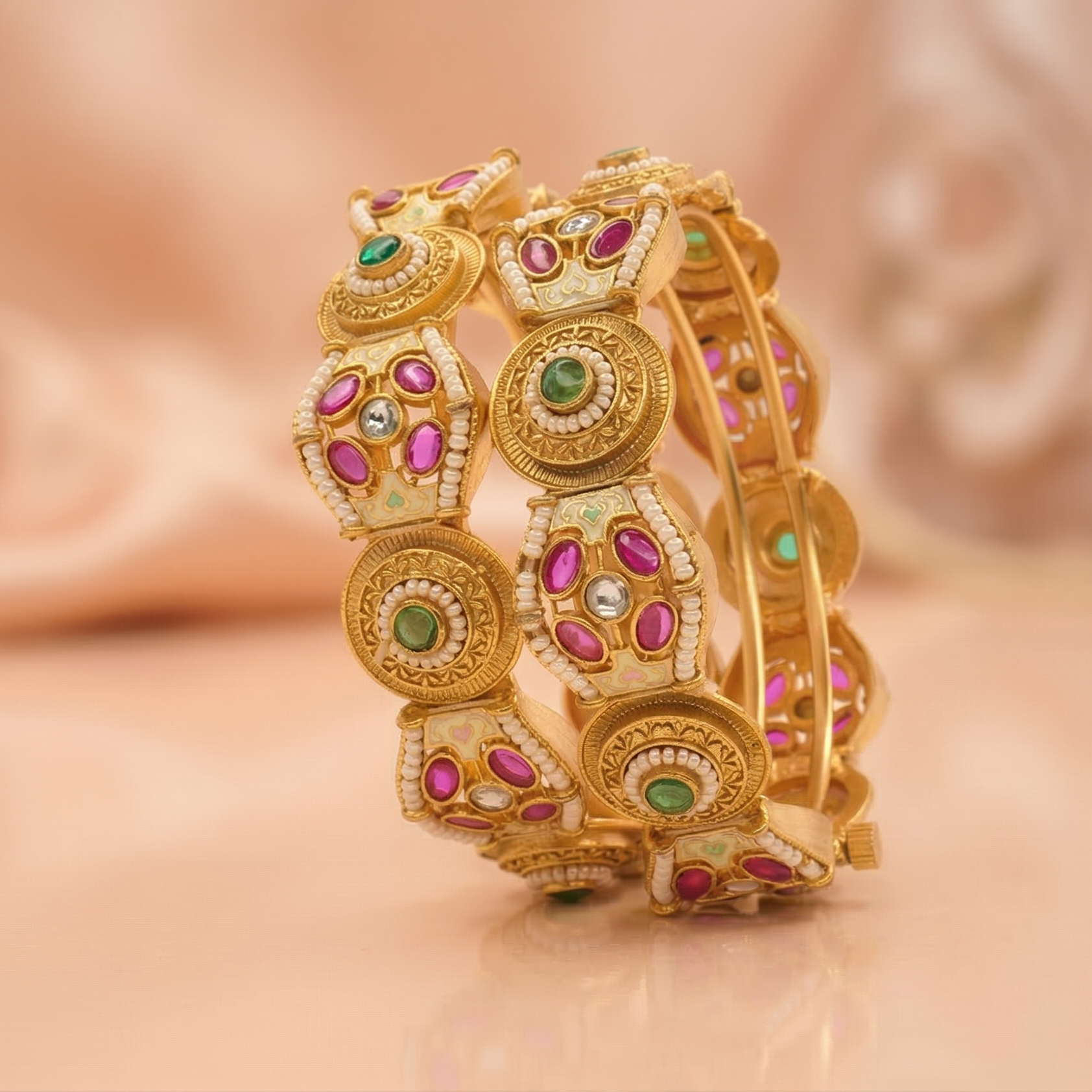 Bridal Gold Plated Kundan Meenakari Kangan Bangles Pair for Women – Indian Wedding Jewelry