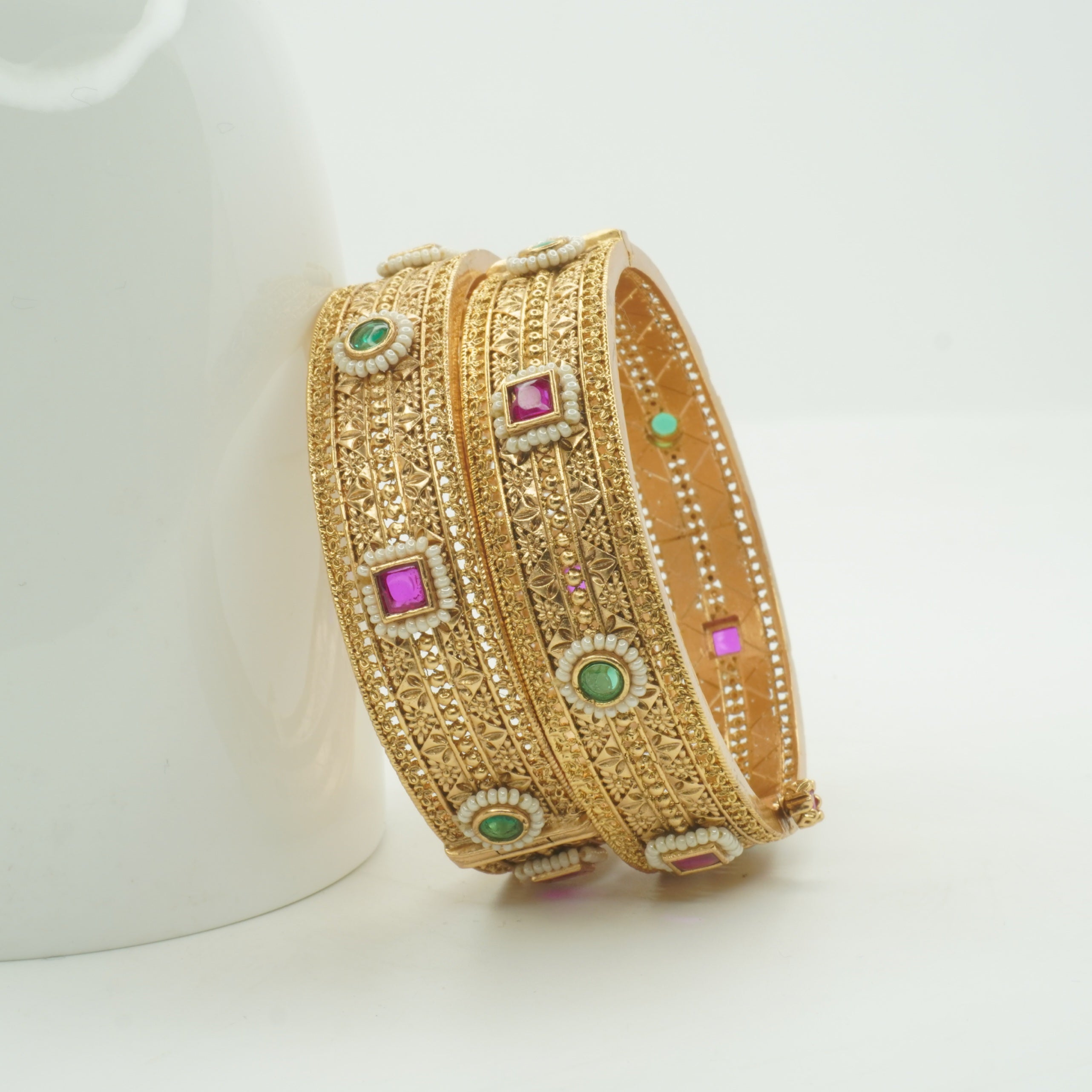 Traditional Indian Gold Tone Filigree Bangles Pair – Pearl & Multicolor Stone Ethnic Wedding Jewelry