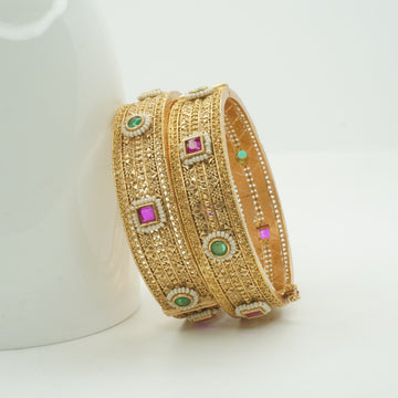 Traditional Indian Gold Tone Filigree Bangles Pair – Pearl & Multicolor Stone Ethnic Wedding Jewelry