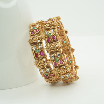 Bridal Temple Elephant Kundan Kangan Bangles Pair Gold Plated Traditional Wedding Jewellery