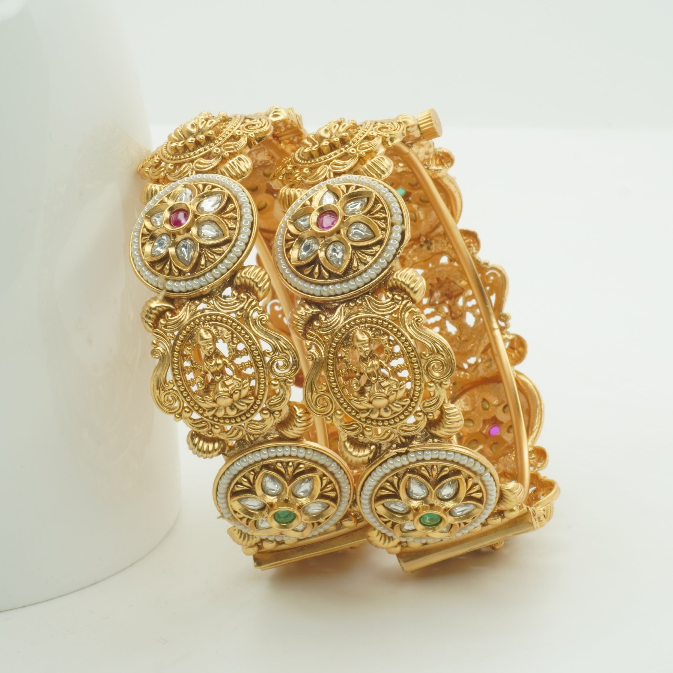 Gold Plated Temple Kundan Bangles for Women – Goddess Lakshmi Pearl Bridal Wedding Kangan