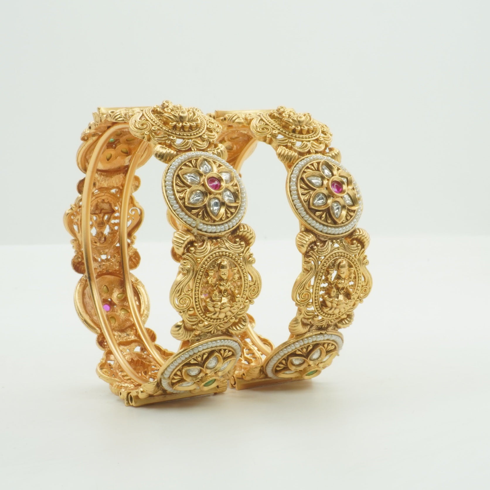 Gold Plated Temple Kundan Bangles for Women – Goddess Lakshmi Pearl Bridal Wedding Kangan