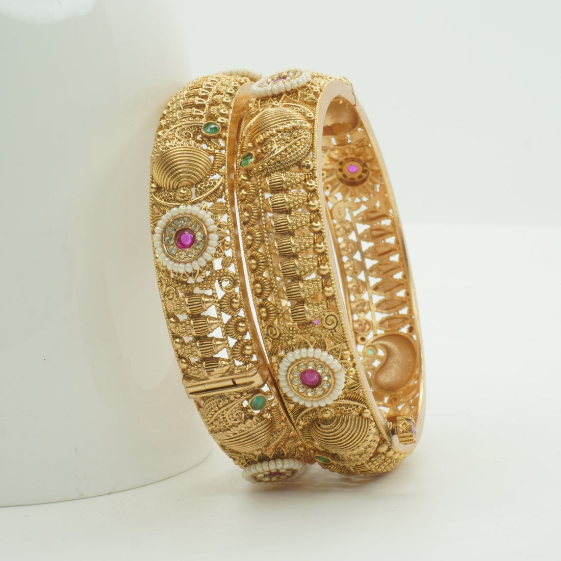 Designer Bridal Gold Plated Pearl Ruby Emerald Kangan Bangles Pair for Wedding Traditional Jewellery