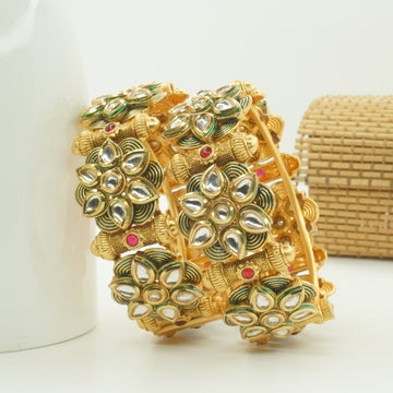 Traditional Punjabi Bridal Gold Plated Kundan Kangan Pair Designer Wedding Bangles for Women
