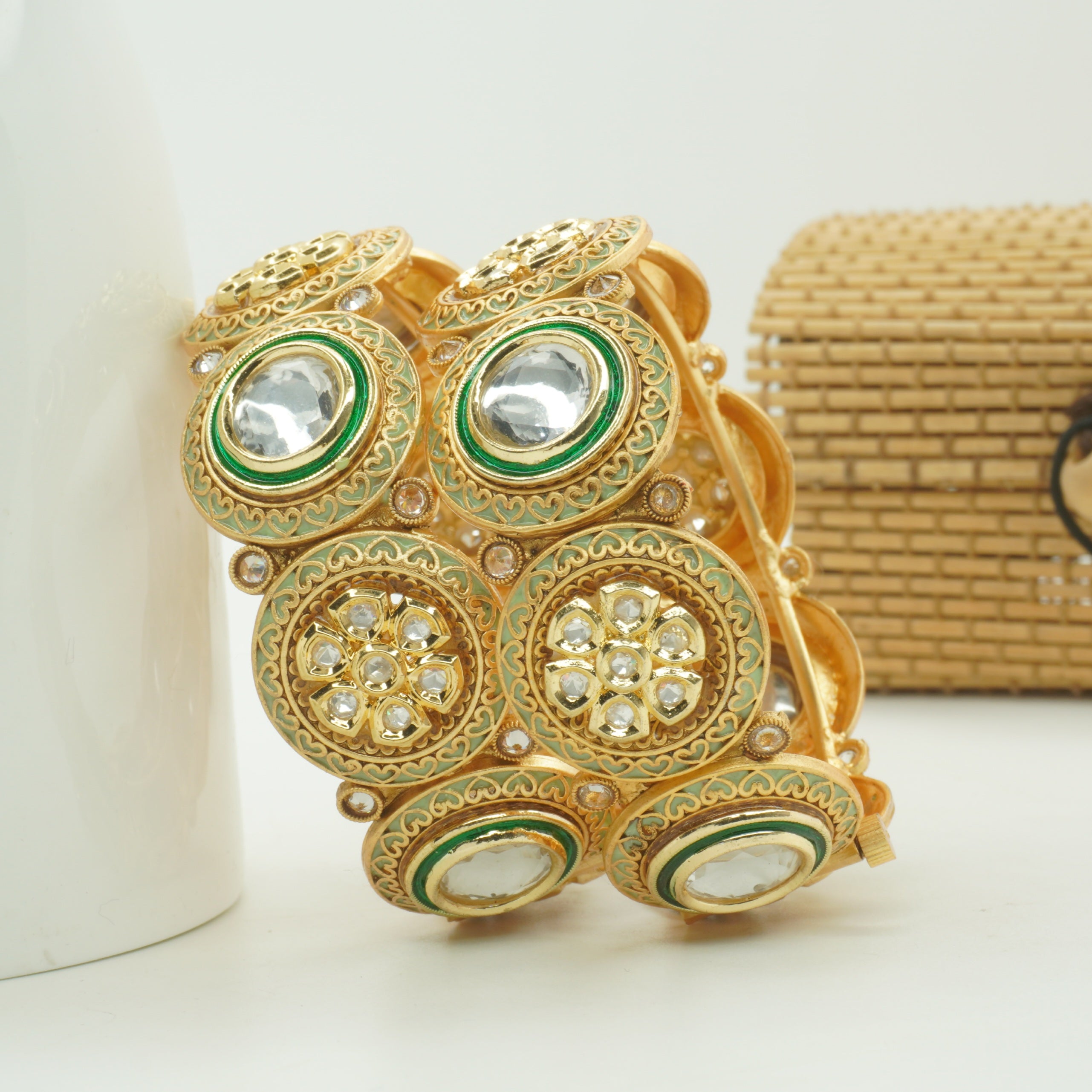 Handcrafted Indian Gold Plated Kundan Meenakari Bridal Bangles Pair Traditional Jewelry