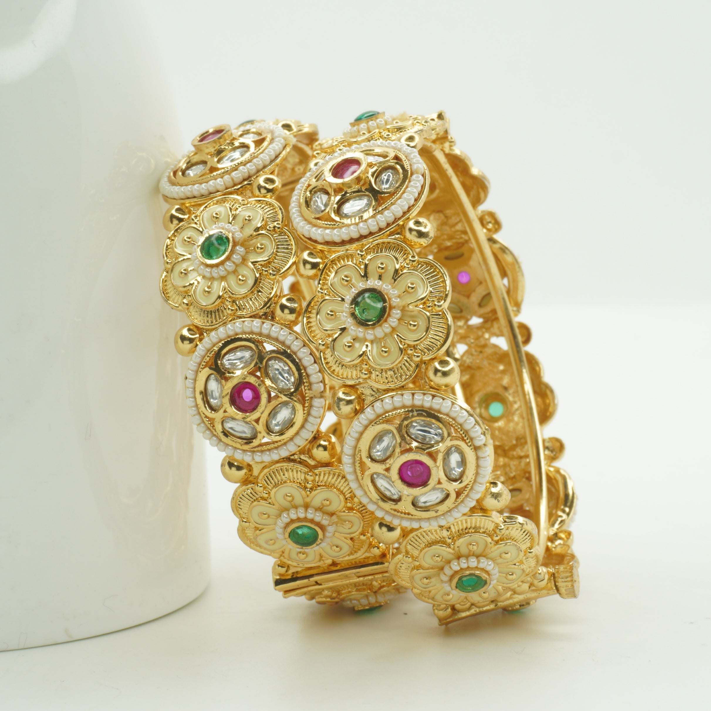 Gold Plated Kundan Floral Openable Bangles Pair for Women – Traditional Designer Bridal Wedding Ethnic Kangan Jewelry
