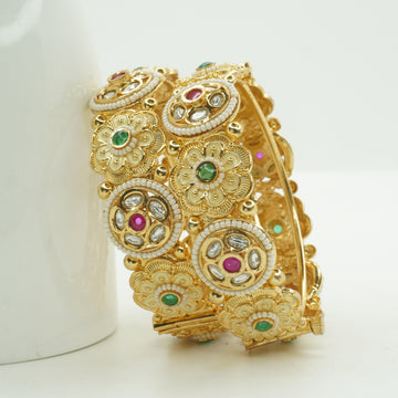 Gold Plated Kundan Floral Openable Bangles Pair for Women – Traditional Designer Bridal Wedding Ethnic Kangan Jewelry
