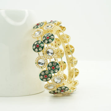 Gold Plated Designer Kundan Mirror Bangles Pair for Women Pearl Meenakari Bridal Wedding Party Wear