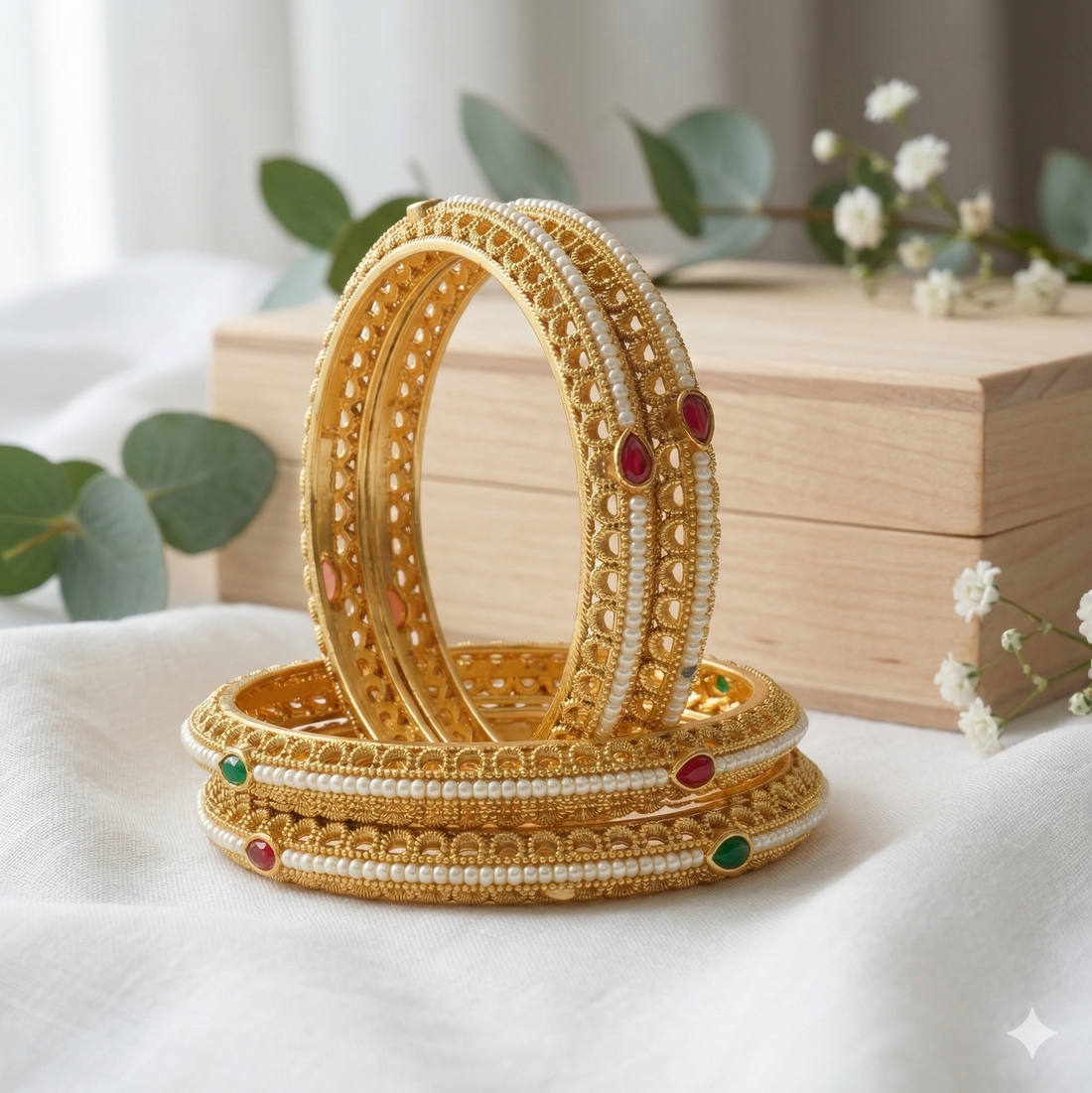 Premium Gold Plated Pearl Bangles Set for Women with Ruby Emerald Stones Traditional Wedding Jewelry
