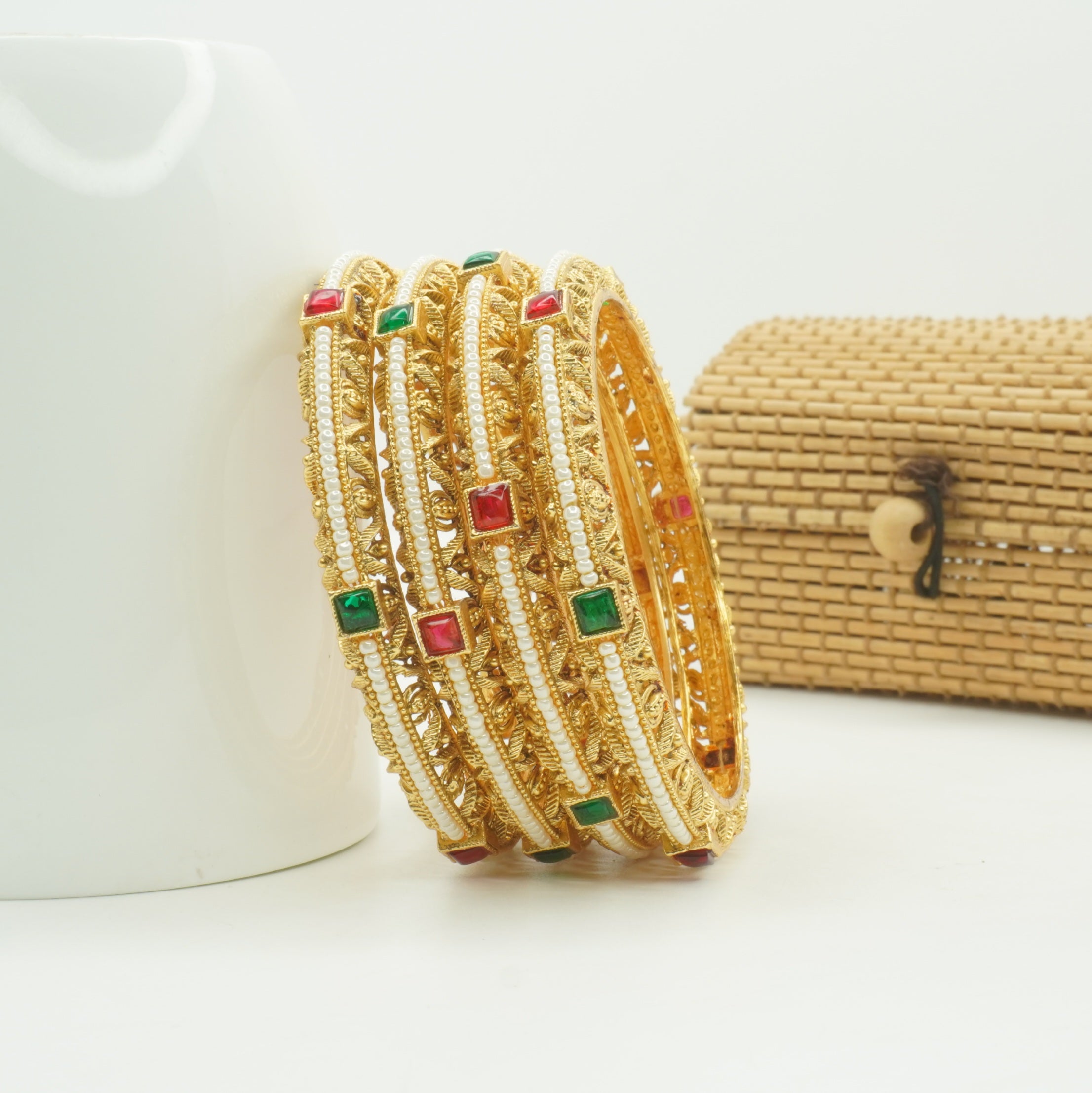 Trending Designer Gold Pearl Bangles Set | Ruby Emerald Bridal Kangan for Women