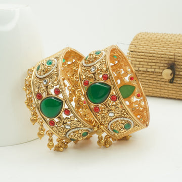 Traditional Bridal Gold Plated Emerald Ruby Pearl Openable Kangan Bangles Pair for Indian Wedding Wear