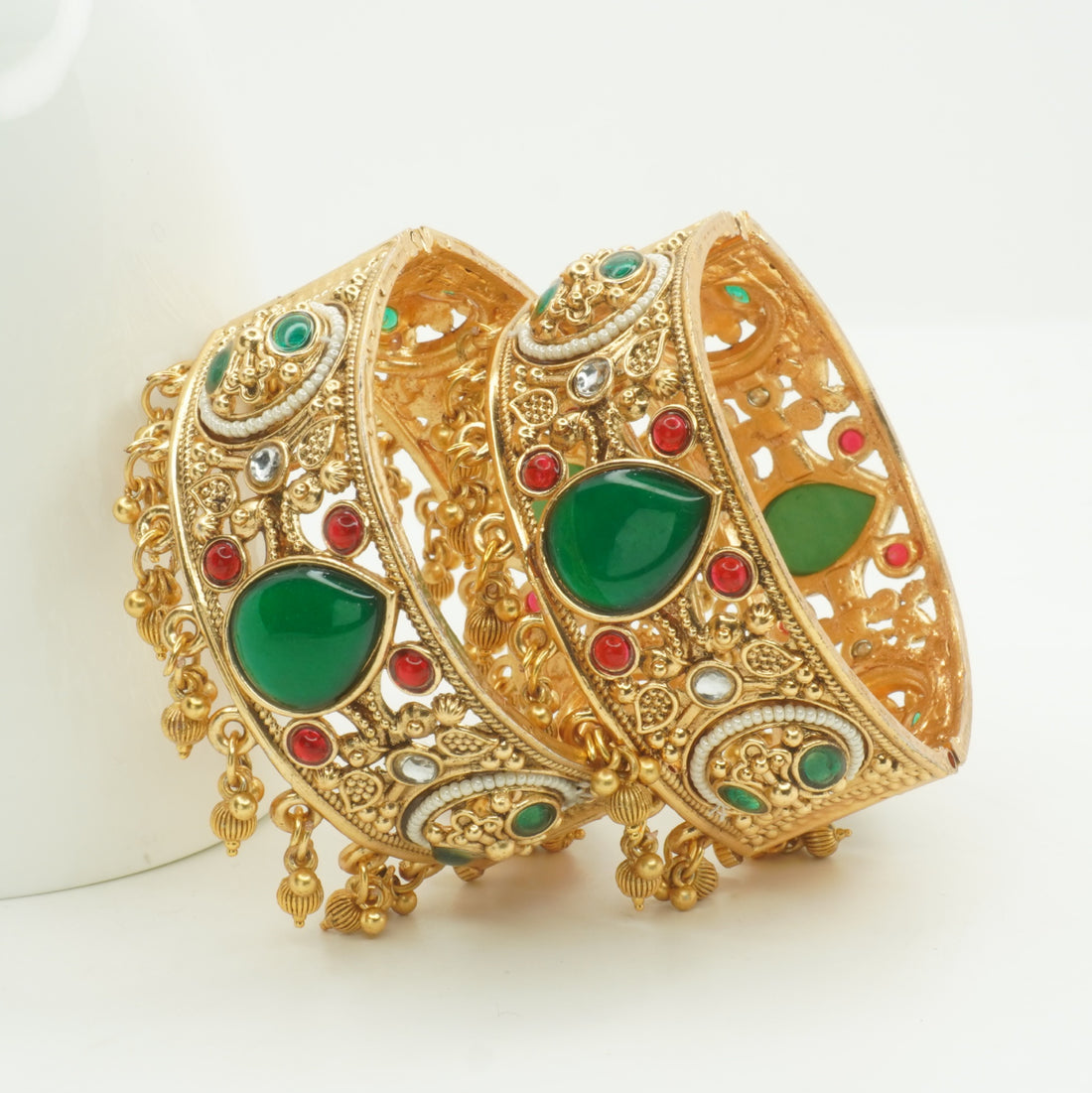 Traditional Bridal Gold Plated Emerald Ruby Pearl Openable Kangan Bangles Pair for Indian Wedding Wear