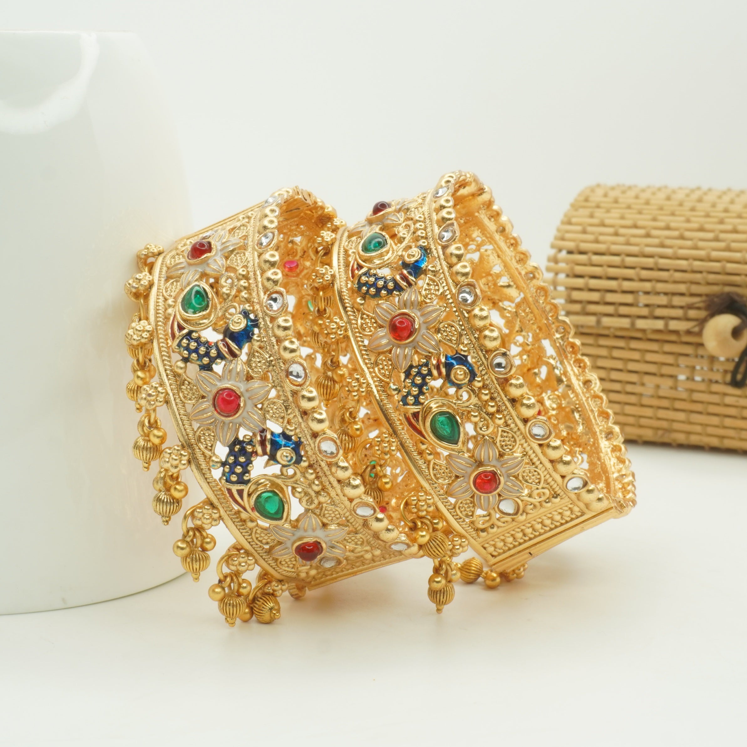 Designer Gold Plated Peacock Meenakari Kundan Kangan Bangles Pair for Women Traditional Bridal Wedding Ethnic Jewellery