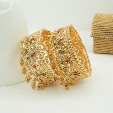 Designer Gold Plated Meenakari Kundan Jali Ghungroo Kangan Bangles Pair for Women Bridal Wedding Traditional Party Wear