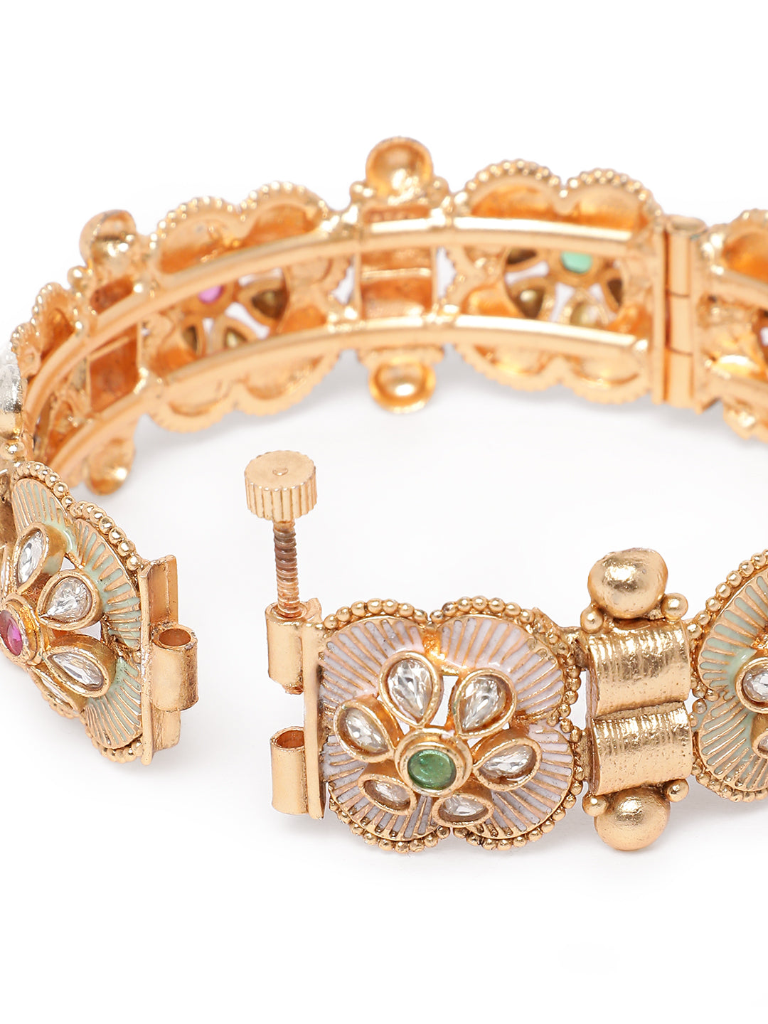 Traditional Bridal Kundan Meenakari Openable Kangan Pair Gold Plated Wedding Bangles for Women