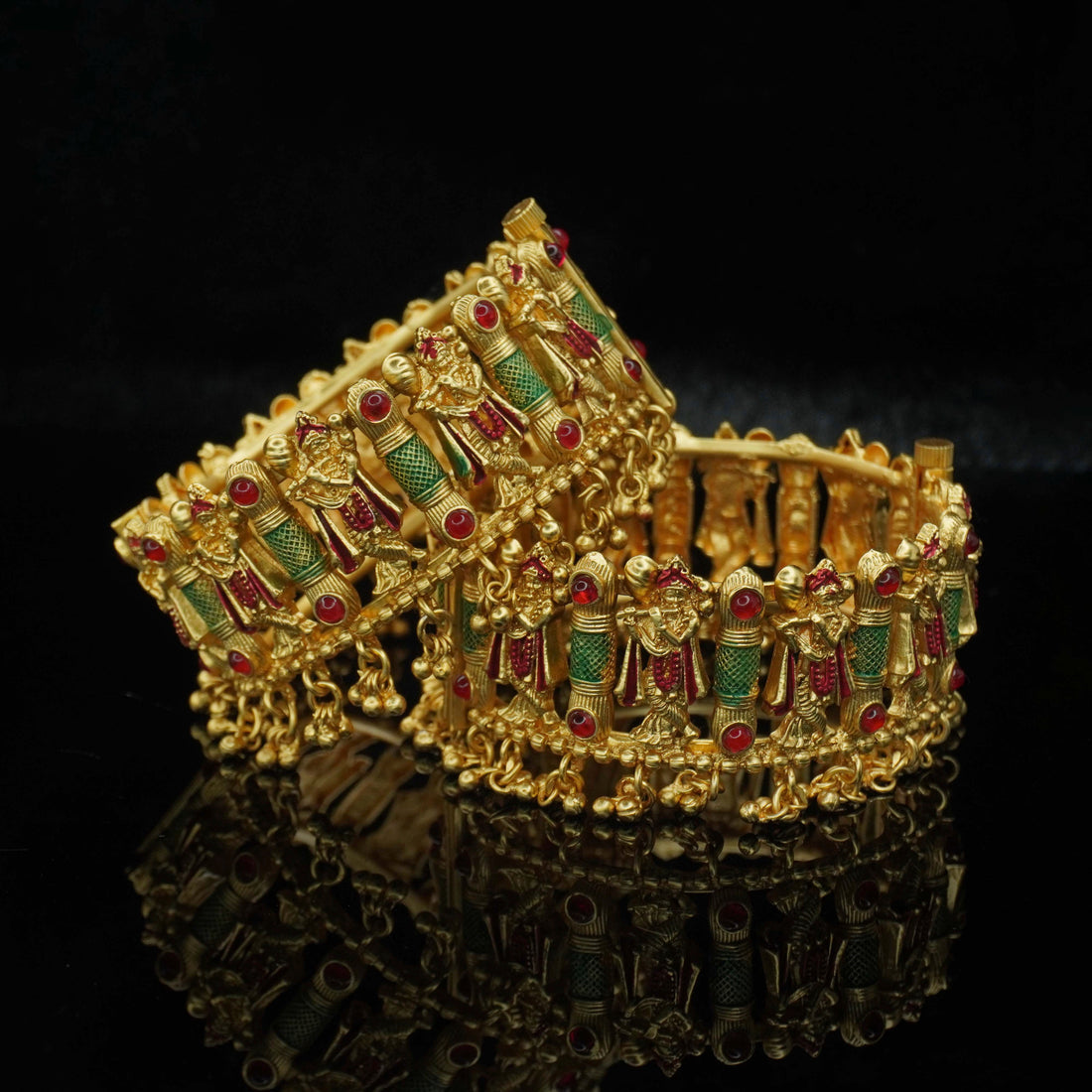 Indian Handmade Gold Tone Meenakari Temple Bangles Pair Ethnic Bridal Jewelry for Women