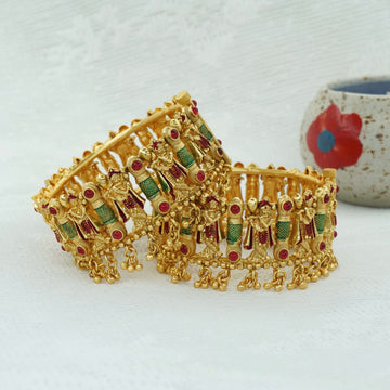 Indian Handmade Gold Tone Meenakari Temple Bangles Pair Ethnic Bridal Jewelry for Women