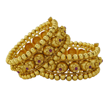 Designer Antique Gold Plated Temple Kangan Bangles Pair with Ruby Floral Motif for Women Traditional Bridal Wedding Party Wear
