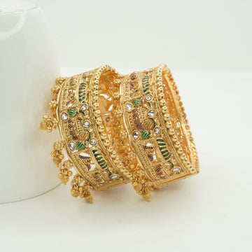 Latest Gold Plated Traditional Kundan Meenakari Kangan Pair for Women Wedding Party Wear