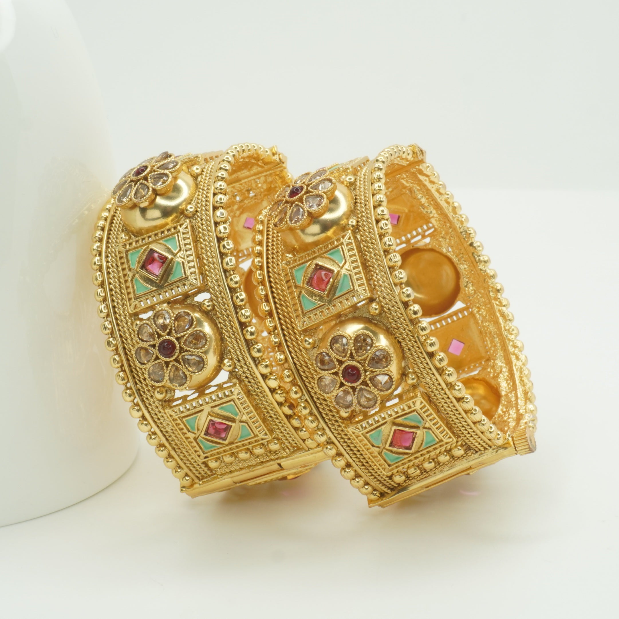 Handcrafted Indian Gold Plated Kundan Meenakari Bridal Bangles Pair Ethnic Wedding Jewelry for Women