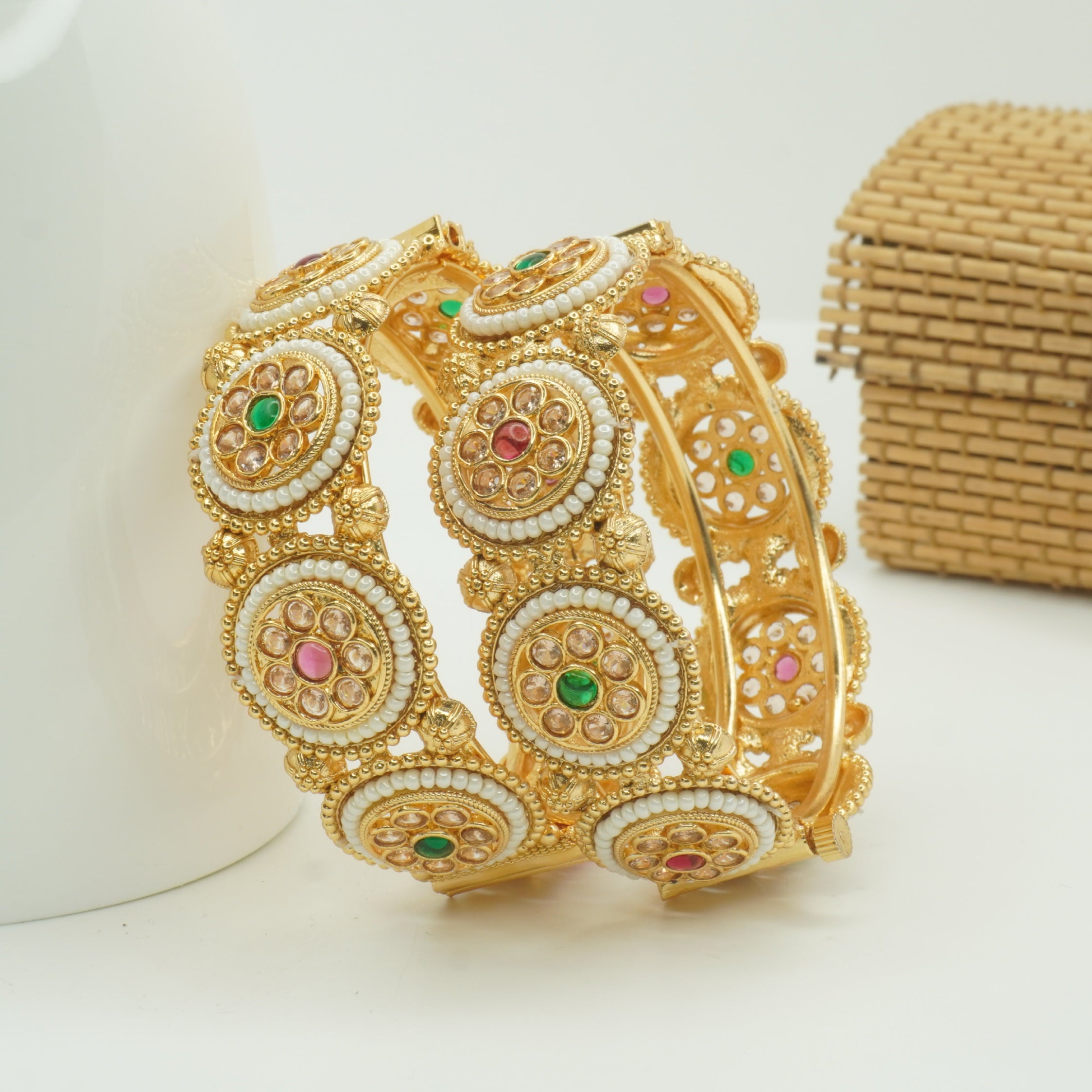 Indian Gold Plated Kundan Pearl Bridal Bangles Pair Handmade Ethnic Wedding Jewelry