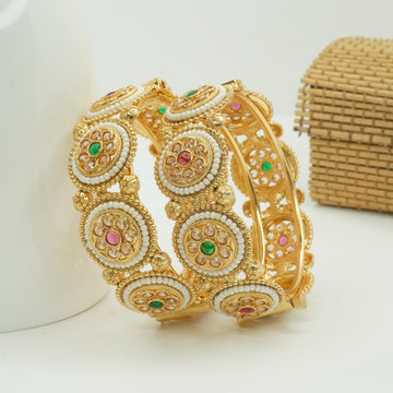 Indian Gold Plated Kundan Pearl Bridal Bangles Pair Handmade Ethnic Wedding Jewelry
