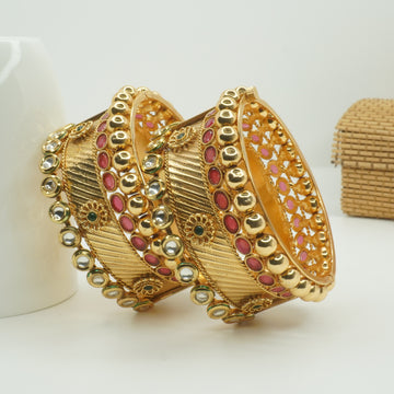 Handcrafted Indian Gold Plated Bridal Kangan Bracelet Pair with Mirror Kundan & Pink Enamel Ethnic Jewelry