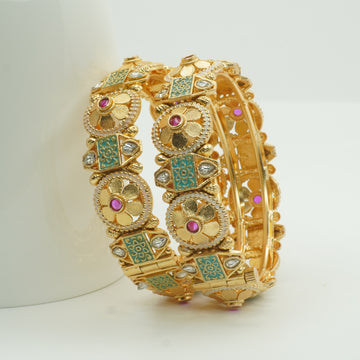 Indian Gold Plated Meenakari Floral Hinged Bangle Bracelet Pair | Traditional Bridal Jewelry Gift for Women