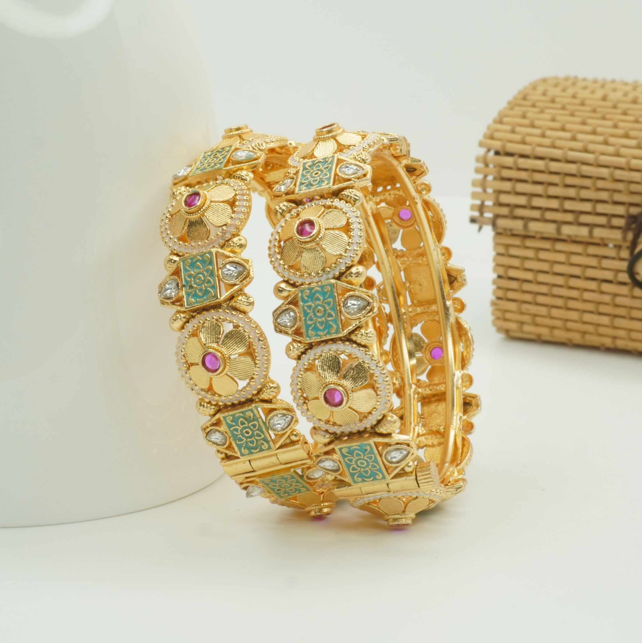 Indian Gold Plated Meenakari Floral Hinged Bangle Bracelet Pair | Traditional Bridal Jewelry Gift for Women