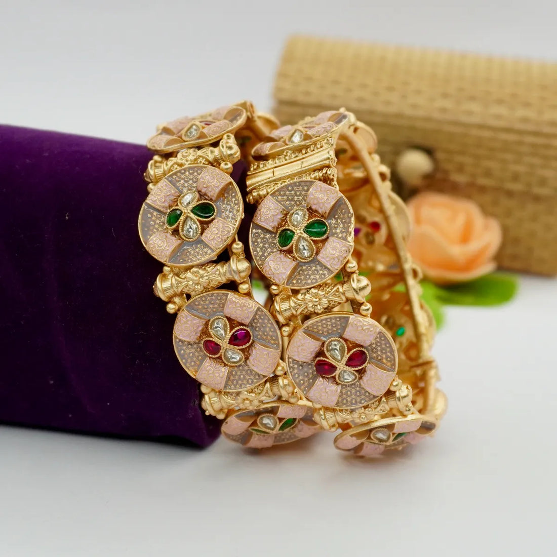 Designer Gold Plated Pink Meenakari Kundan Openable Kangan Bangles Pair for Women Traditional Bridal Wedding & Festive Wear