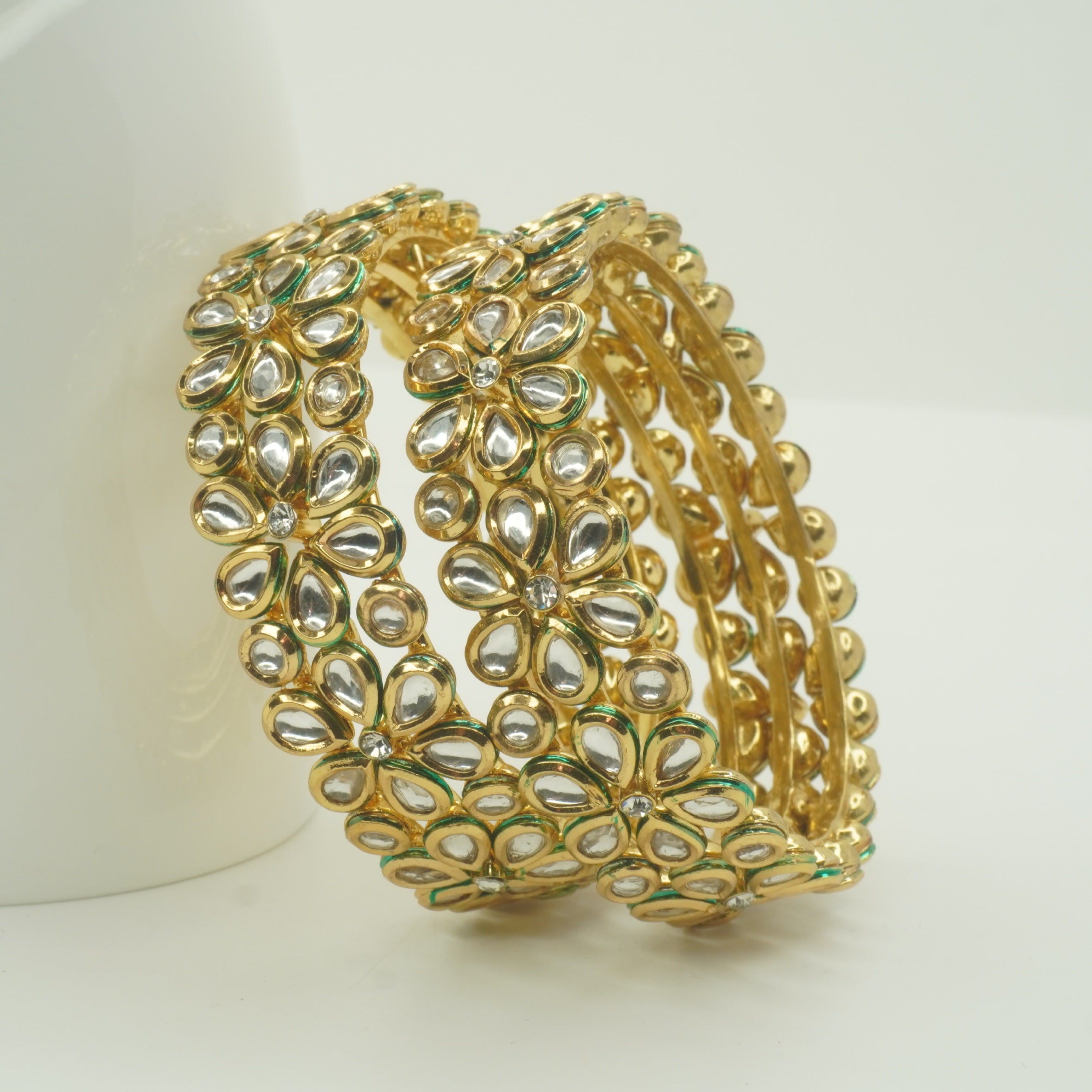 Premium Gold Plated Kundan Flower Bangles Pair for Women Wedding Bridal Ethnic Traditional Wear