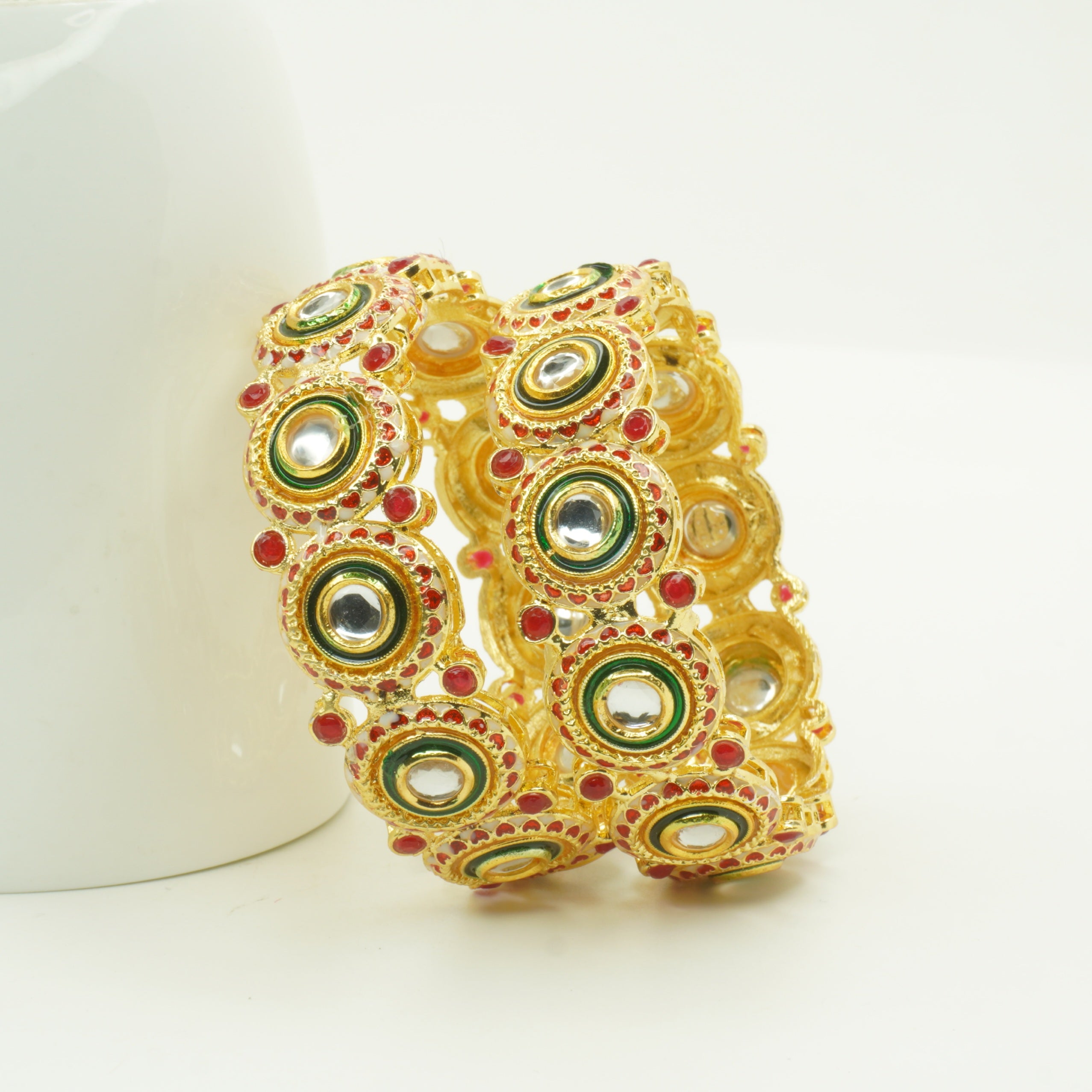 Premium Gold Plated Kundan Mirror Bangles Pair for Women Wedding Bridal Ethnic Party Wear