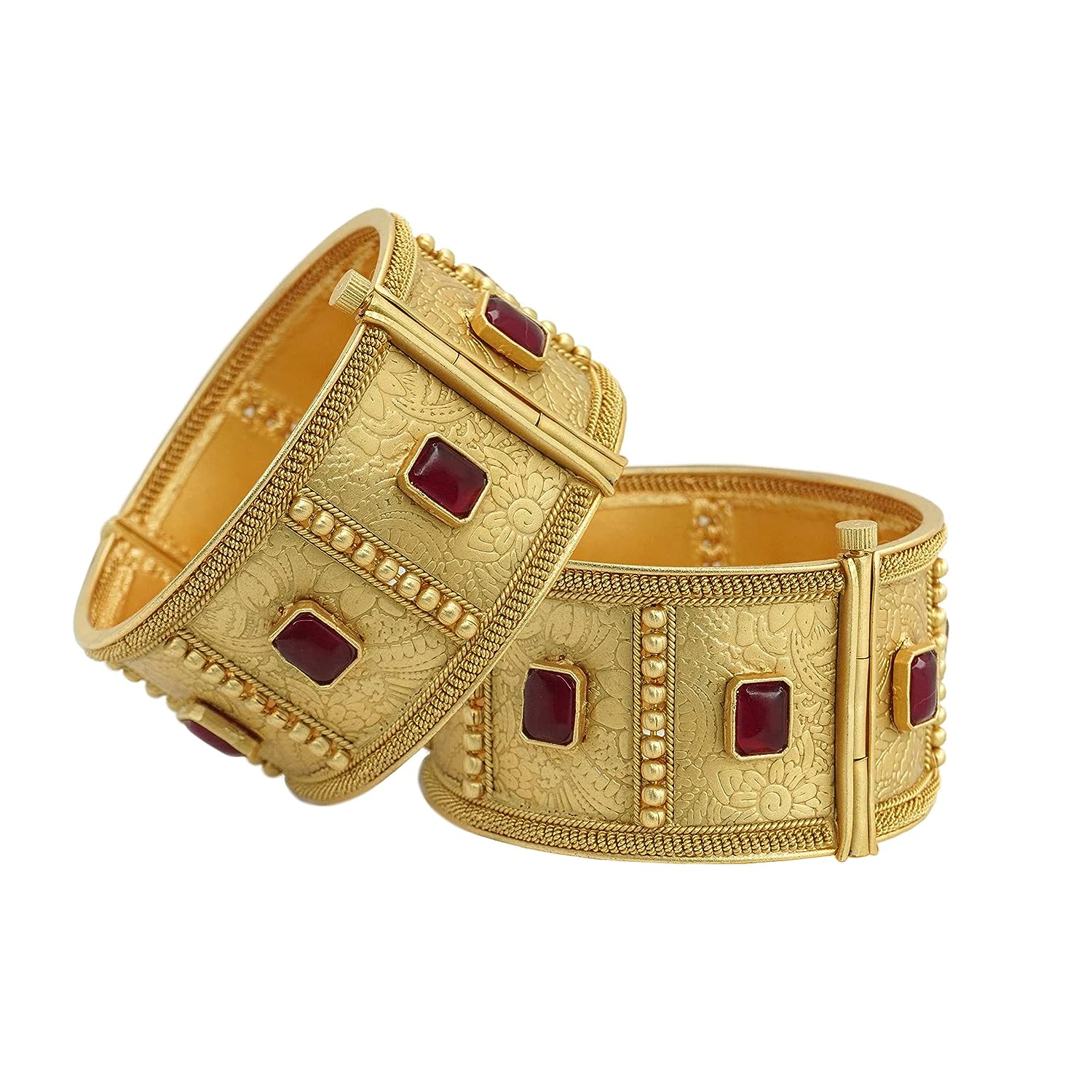 Gold Plated Antique Ruby Stone Broad Kangan Bangles Pair for Women Bridal Wedding Ethnic Wear