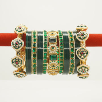 Premium Gold Plated Green Kundan Meenakari Bridal Bangle Set for Women Wedding Traditional Kangan