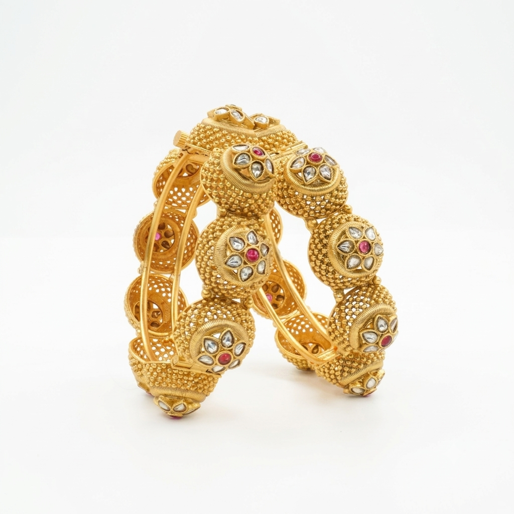 Designer Gold Plated Kundan Floral Openable Kangan Pair for Women Traditional Bridal Wedding Party Wear Bangles